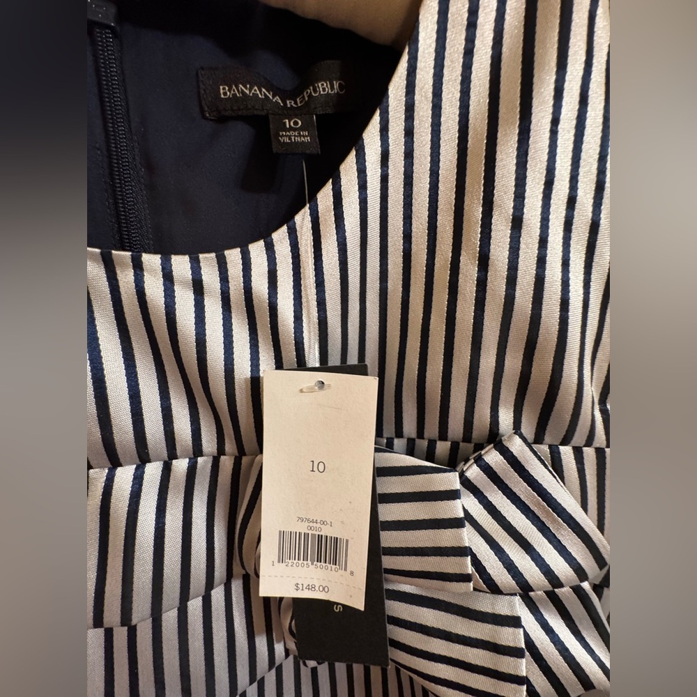 NWT Banana Republic Navy/ Silver Stripe Double Bow Shift Satin Dress Size 10 - Picture 6 of 9